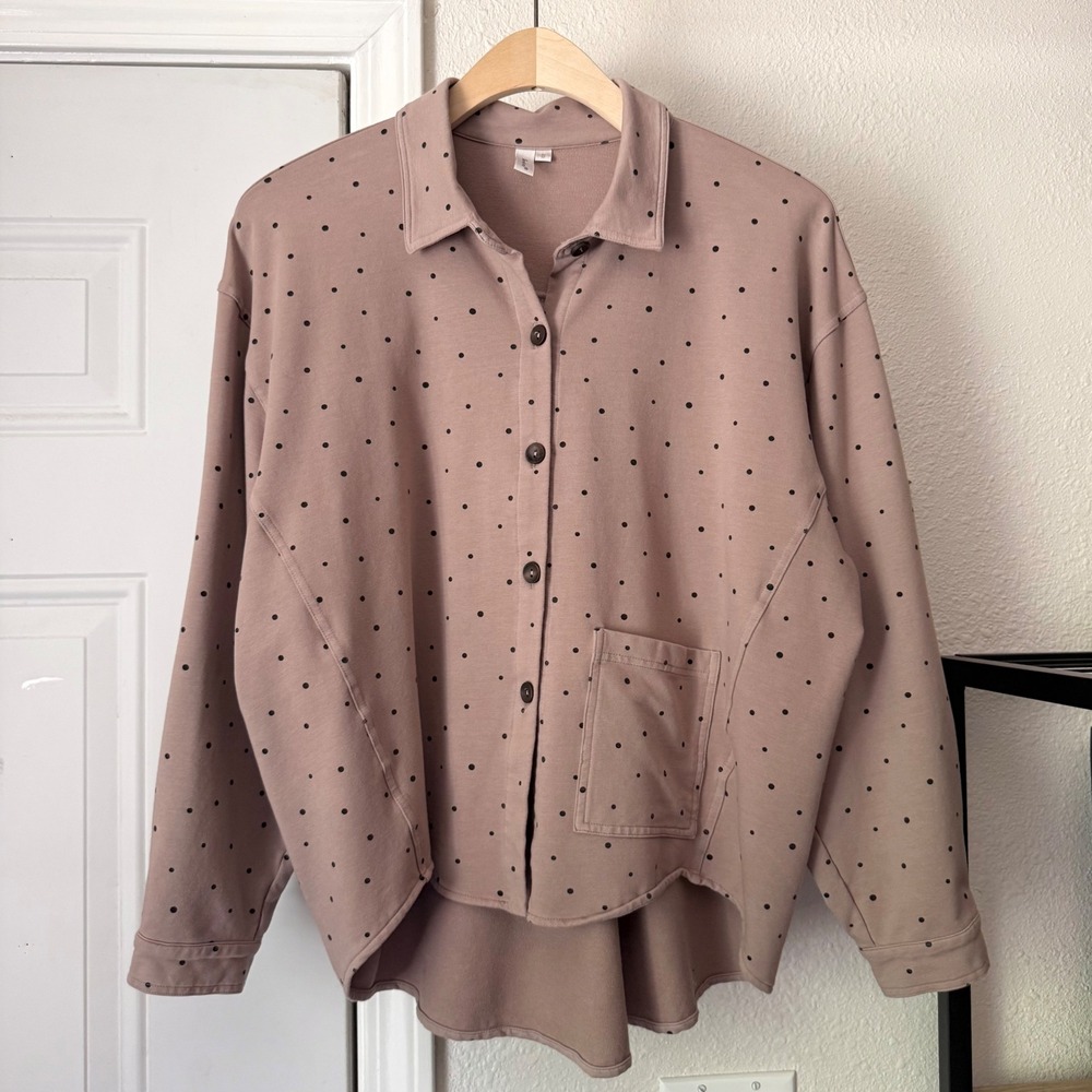 KLEEN tan polka dot knit long‎ sleeve hi lo cropped boxy lagenlook top shirt